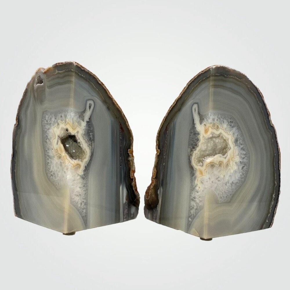 Agate Crystal Bookends w/ Geode Center, Natural Stone, Home Decor, 3+ lbs. (DM)